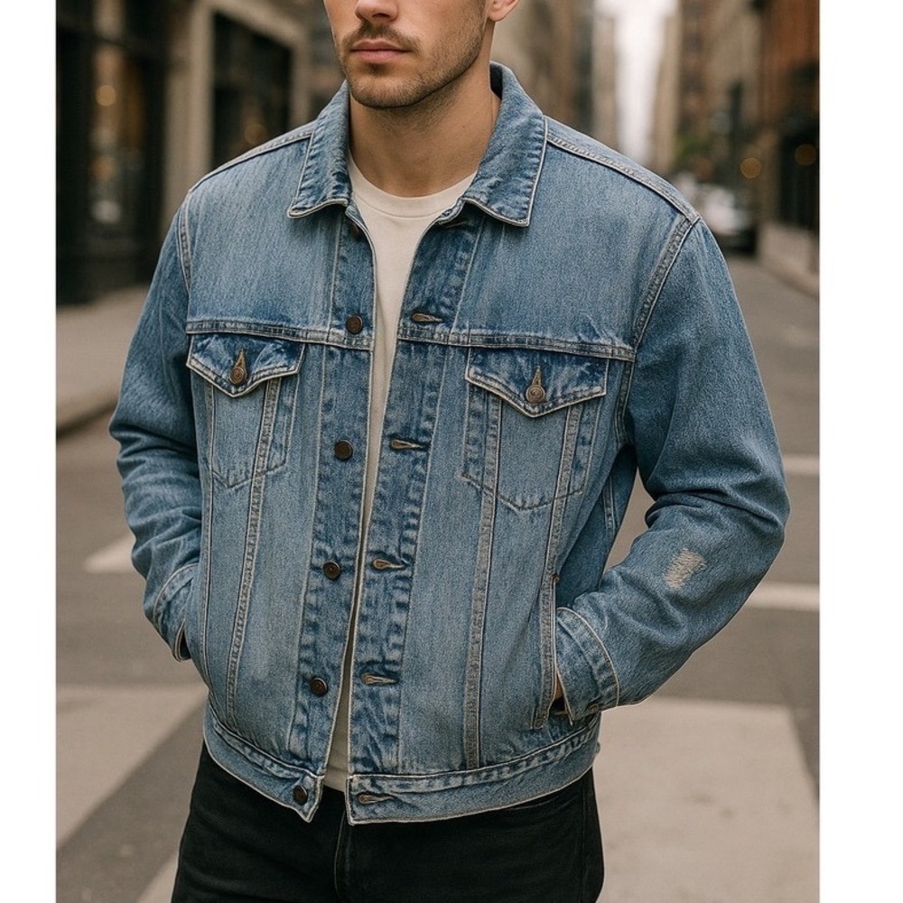 VTG Y2K Abercrombie and Fitch Macau Denim Jacket Mens XL Blue Distressed Trucker